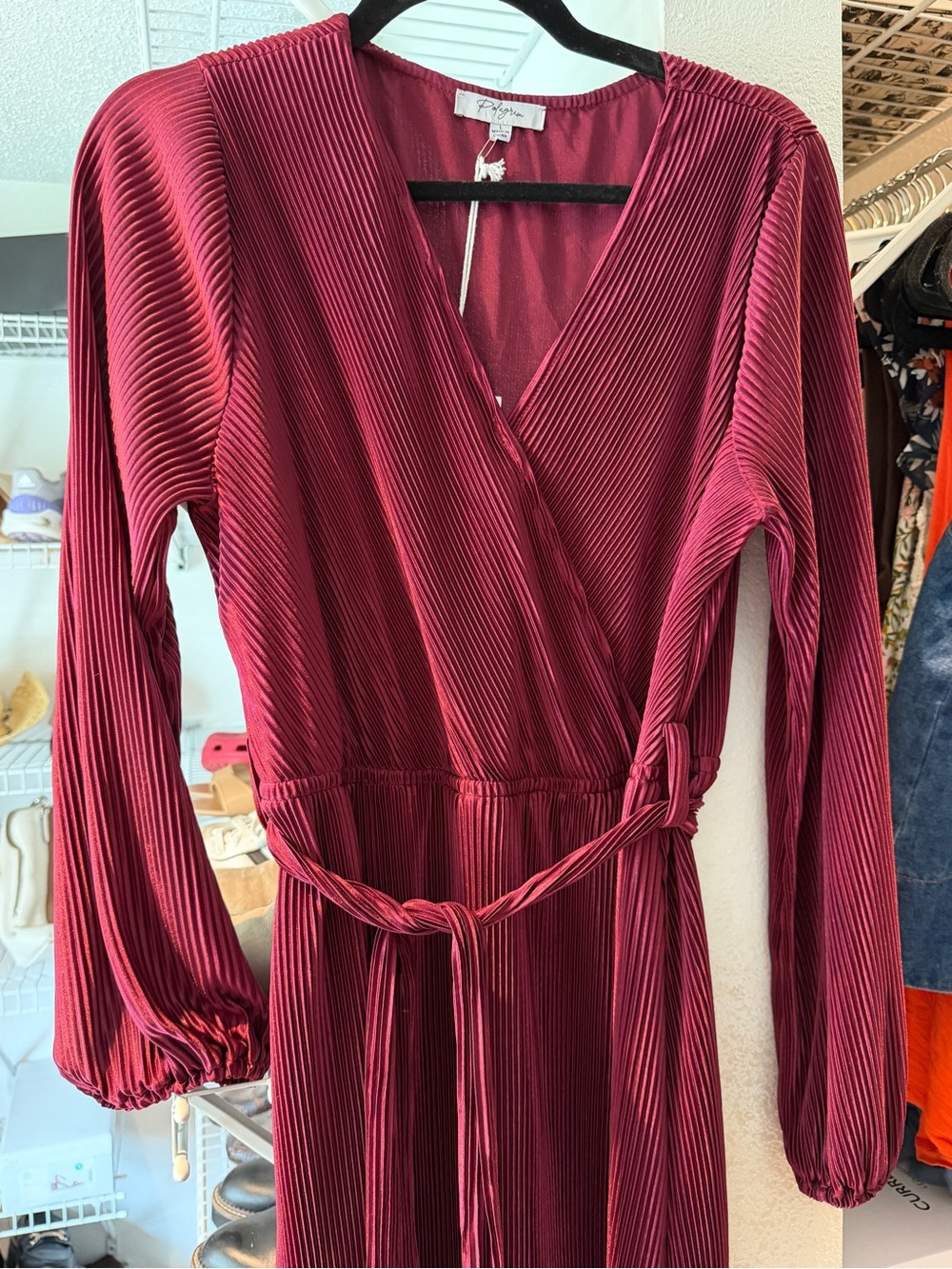 Polagram Wine Red Pleated Wrap Maxi Dress